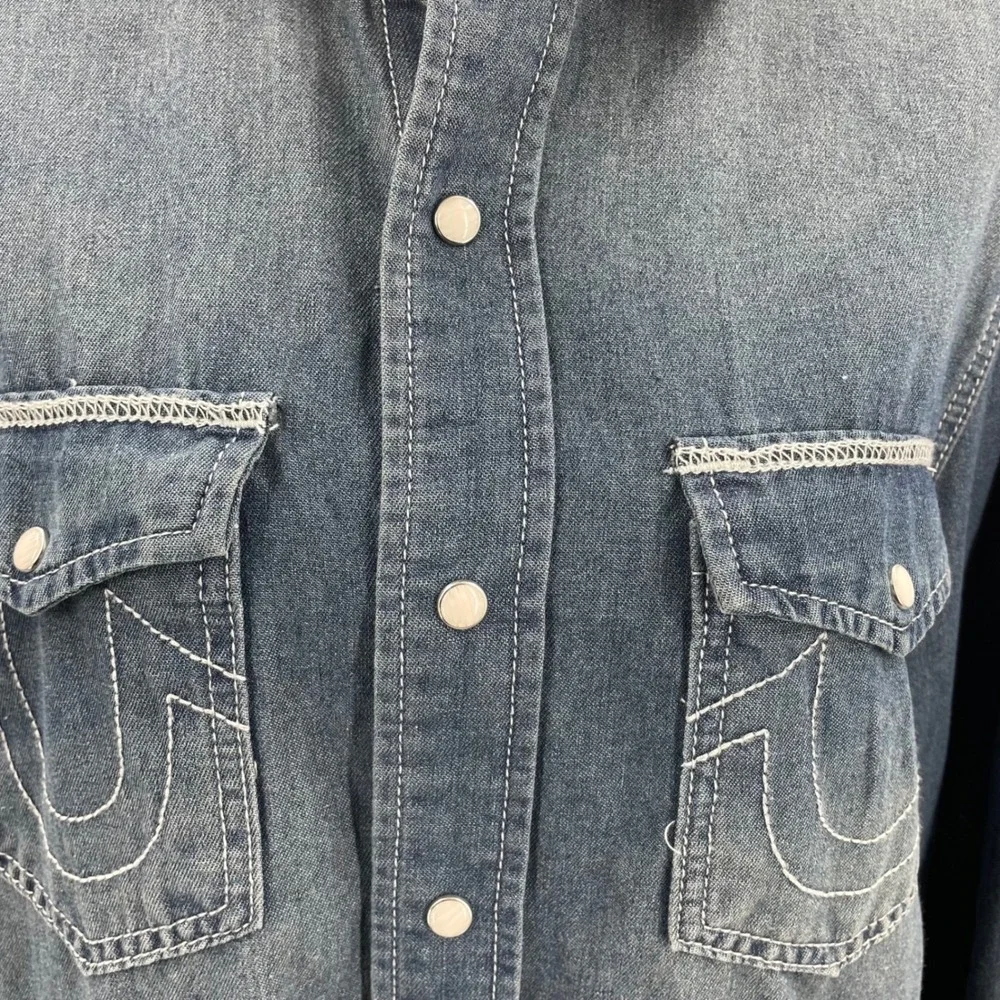 True Religion Mens Chambray Western Snap Shirt Buddha Logo Blue 700701 Small NWT